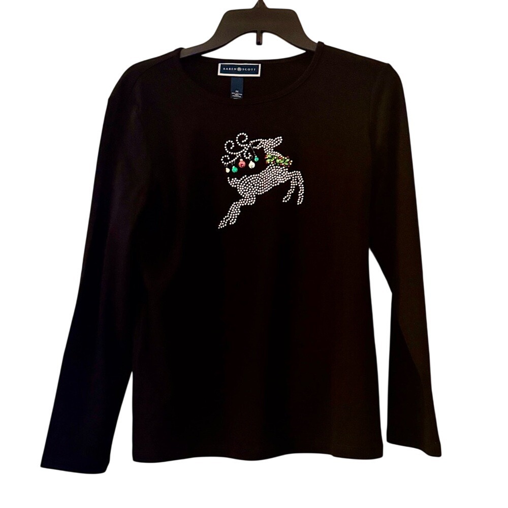 KAREN SCOTT. NWOT. Black top w/ Colourful‎ Reindeer design. Sz M. Long sleeves.